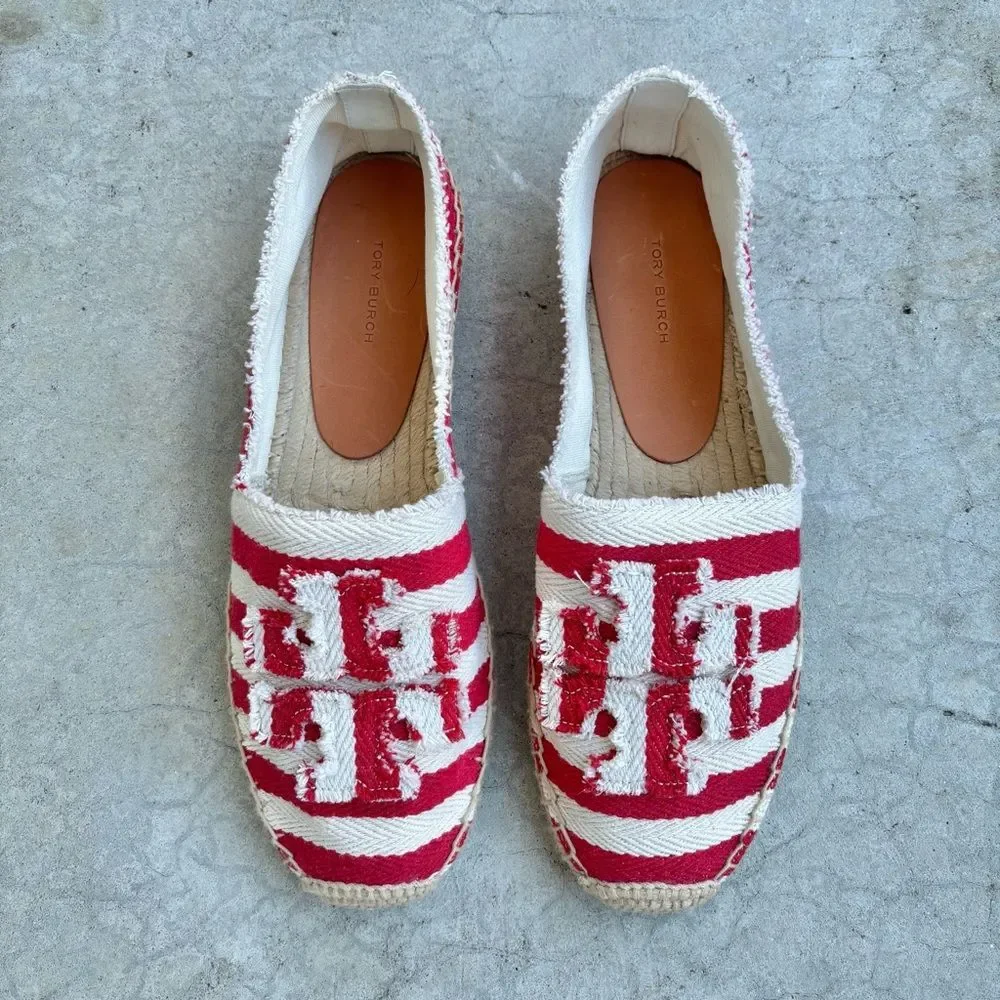Tory Burch Espadrilles Flats Shoes Fray Stripe Red White NWOB 11